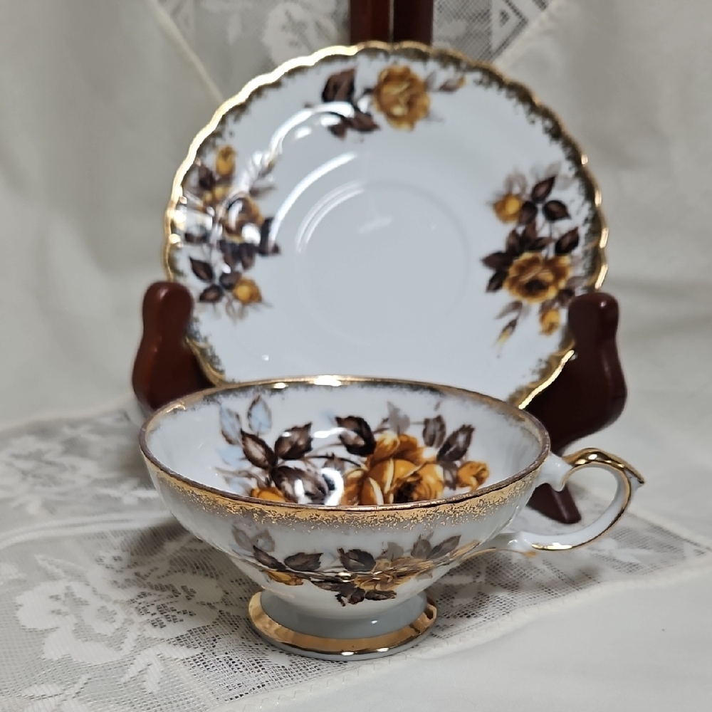 Lefton Gold and Brown Floral Teacup and Saucer